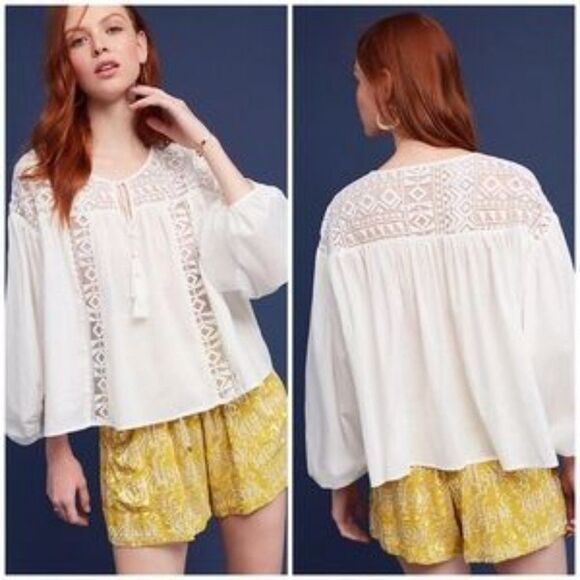 Anthropologie Eri + Ali White Crochet Lace Oversized Peasant Top Small - Picture 2 of 10